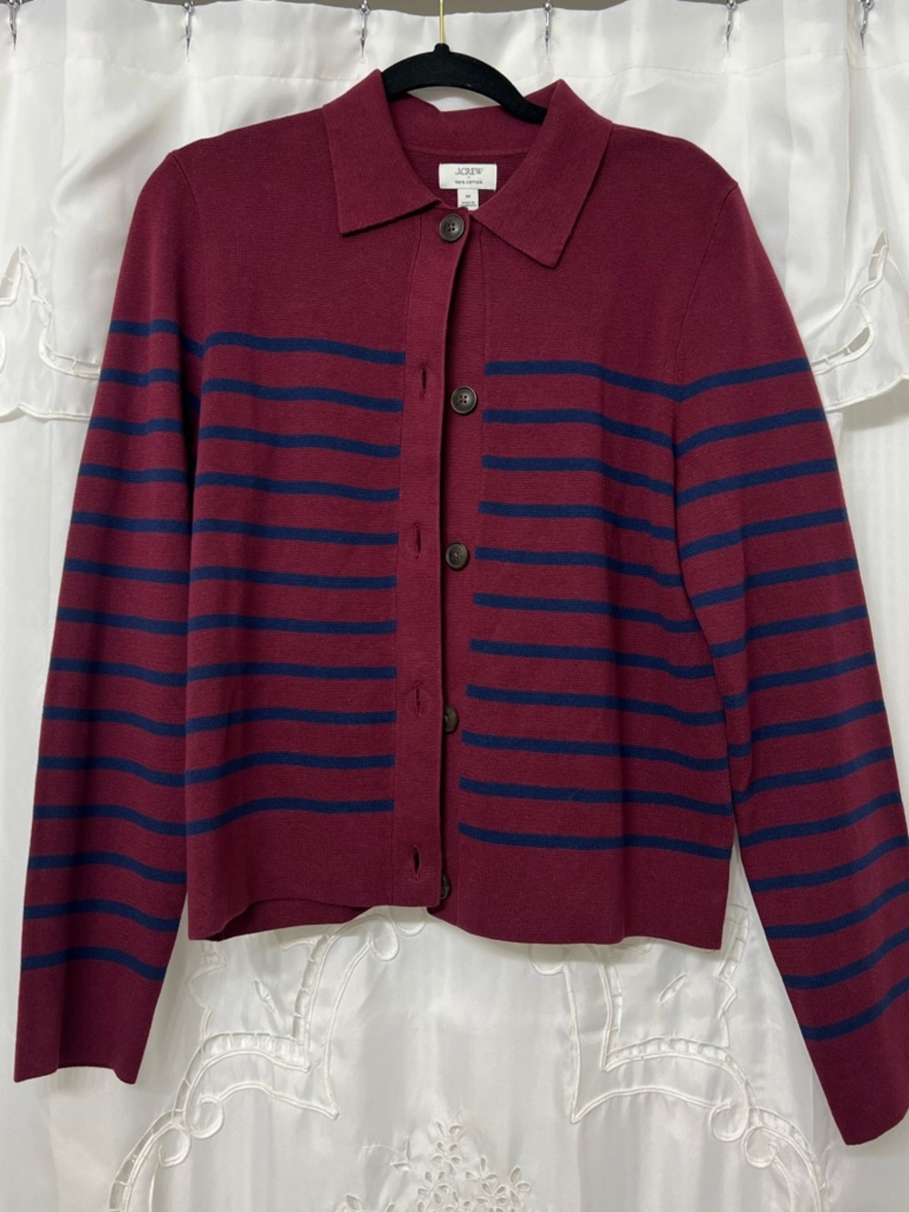 J.Crew Striped Cotton Sweater Cardigan Red Blue Collared Button Front Medium NWT - Picture 4 of 13
